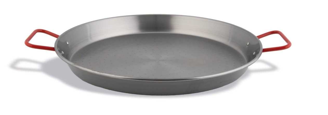 Paellera Valenciana de Acero Pulido con Asas Rojas