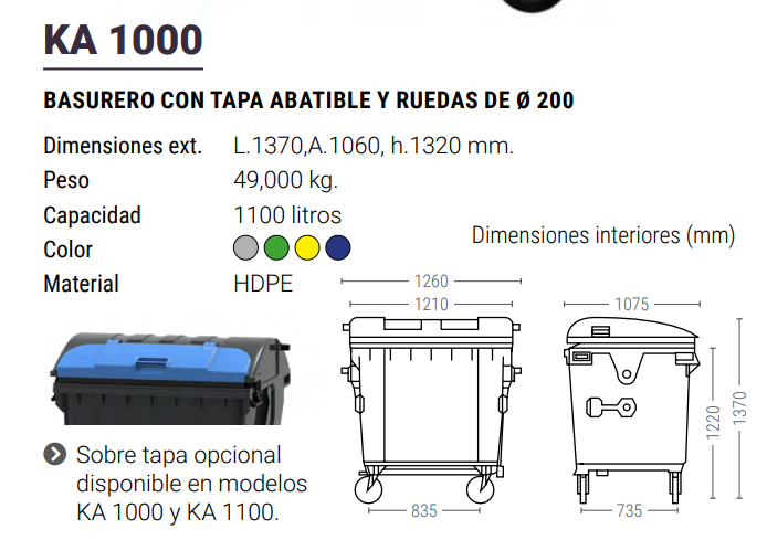 Basurero 1000 Litro Con Ruedas Y Tapa Abatible Color Gris 1