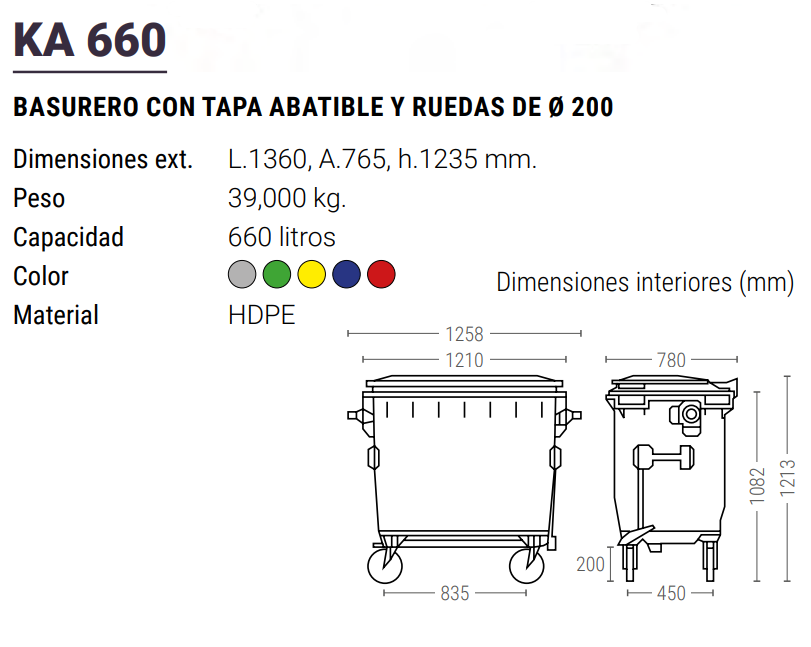 Basurero 660 Litros Con Ruedas Y Tapa Abatible Color Gris 1
