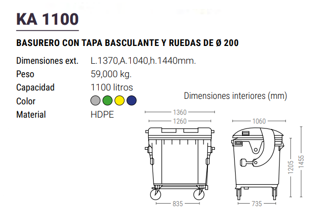 Basurero con tapa basculante y ruedas 1100 L. 1