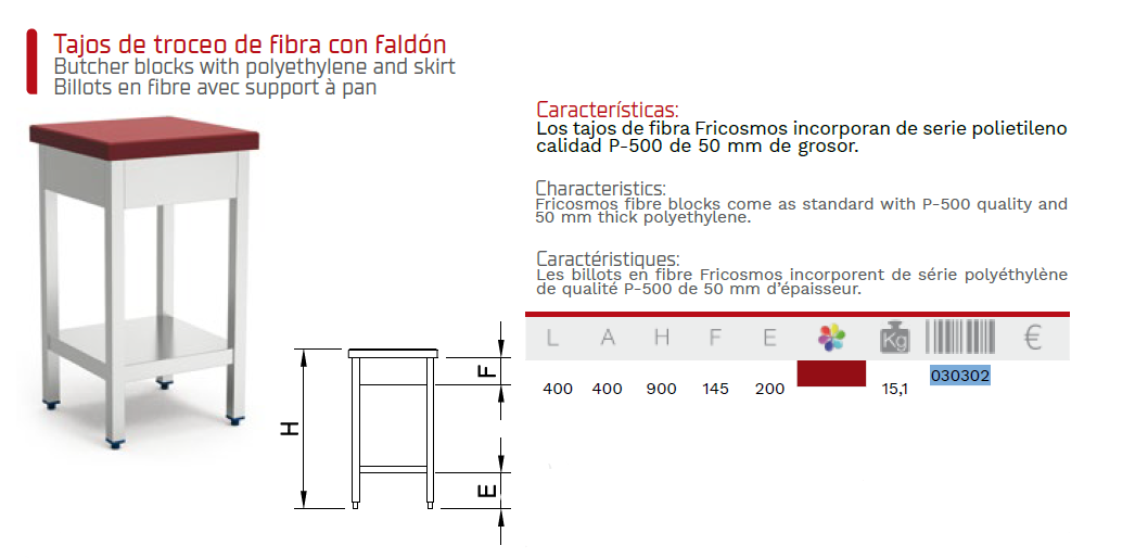 Mesa de troceo de madera y fibra con faldón. 900x400x400 1